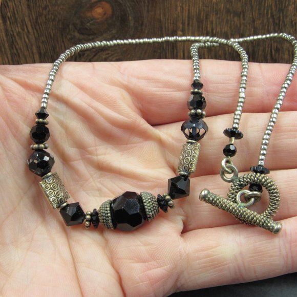 16" Silver Tone Rustic Hefty Black Material Necklace Vintage - Picture 2 of 6